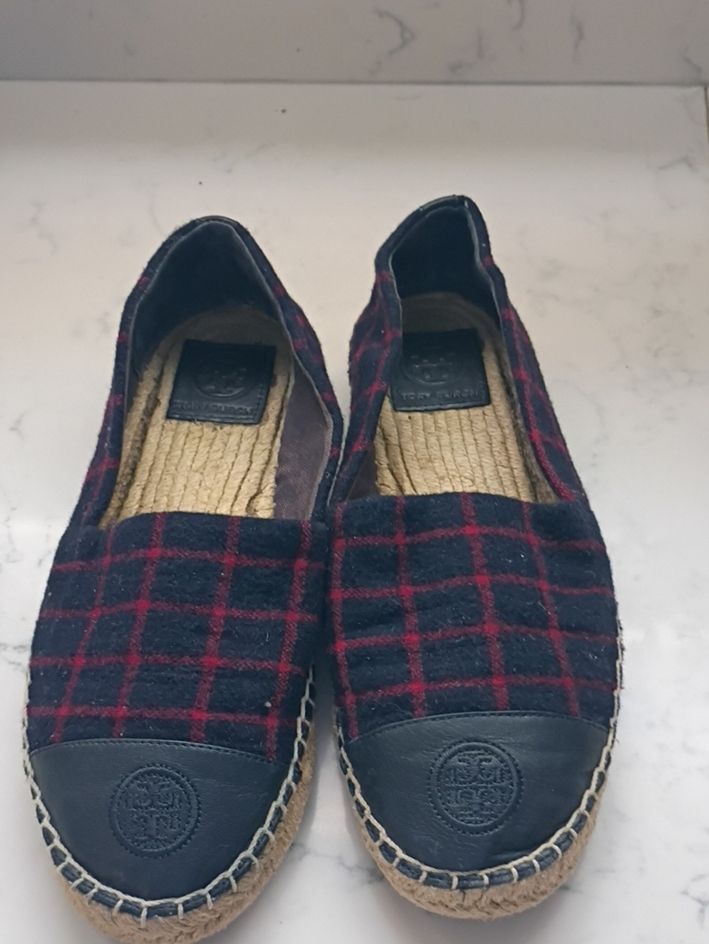 Tory Burch Navy and Red Plaid Espadrille Flats with Logo Toe